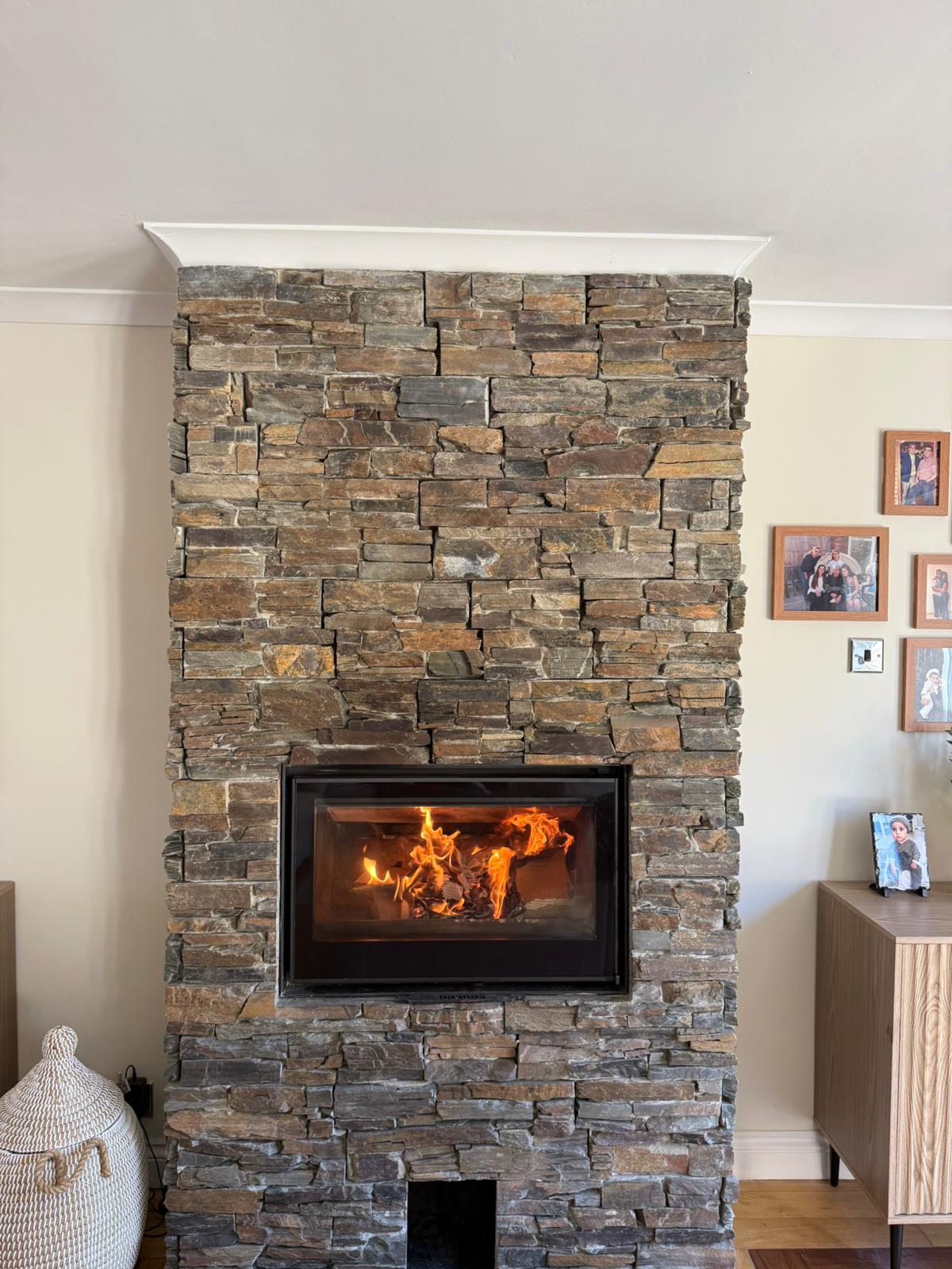 Stacked stone inglenook fireplace fitted by Herts Chimney Services
