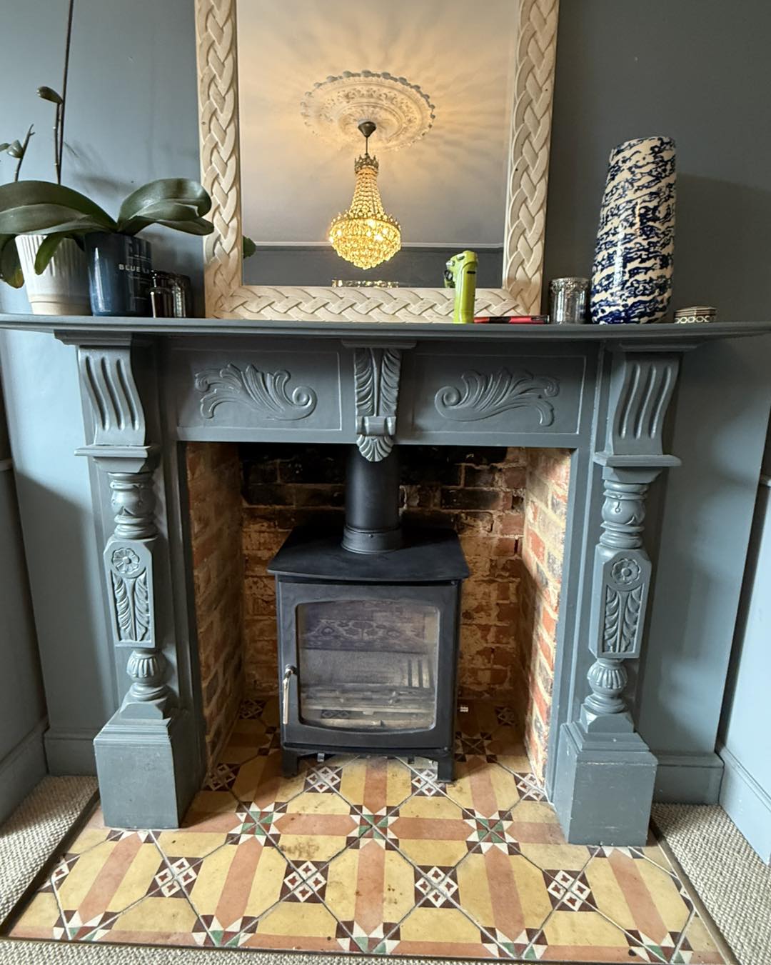 Charcoal Victorian mantel with encaustic tile hearth, St Albans